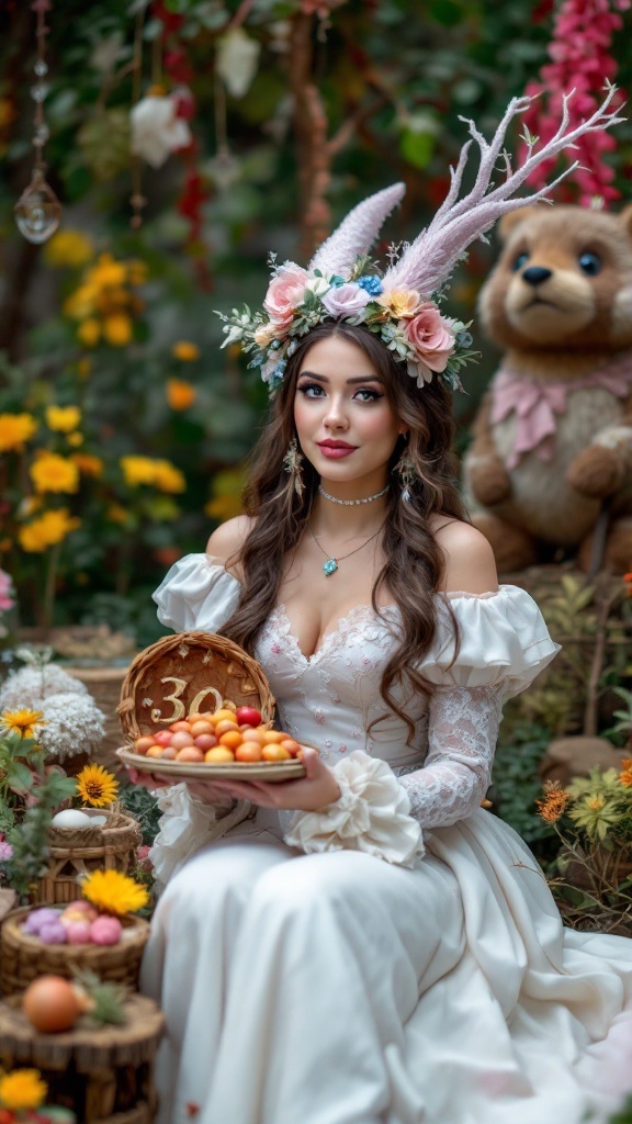 A woman in a fairy tale dress standing in a whimsical setting with plush animals and decorations.