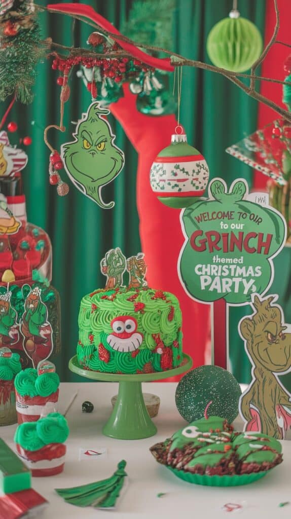 A Grinch-themed Christmas party setup featuring a green and red decorated cake with a Grinch face, surrounded by Grinch-themed decorations, cupcakes, and a sign welcoming guests.