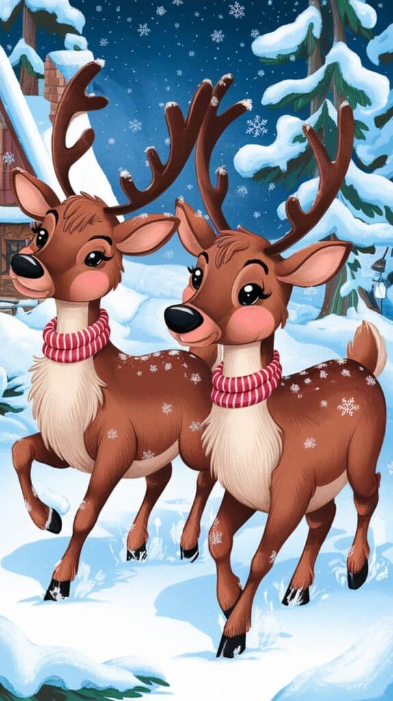 Two animated reindeer with large antlers and red and white striped scarves stand happily in a snowy winter landscape, with snow-covered trees and a night sky in the background.