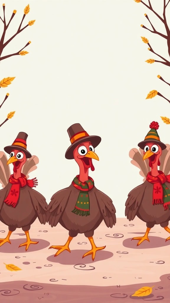 Three cartoon turkeys wearing pilgrim hats and scarves stand on a stylized autumn forest floor, surrounded by bare trees with falling yellow leaves.