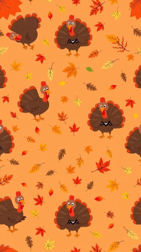 A festive pattern featuring illustrated turkeys wearing bow ties and various autumn leaves scattered across a light orange background.
