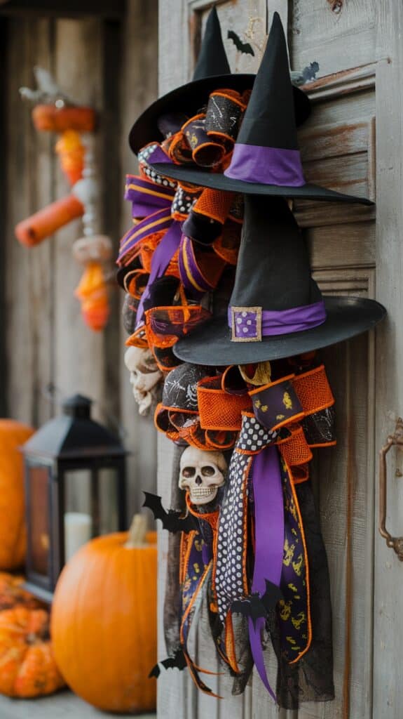 A Halloween door decoration featuring witch hats with purple bands, colorful ribbons, black mesh, and skull ornaments, alongside bats and pumpkins in the background.