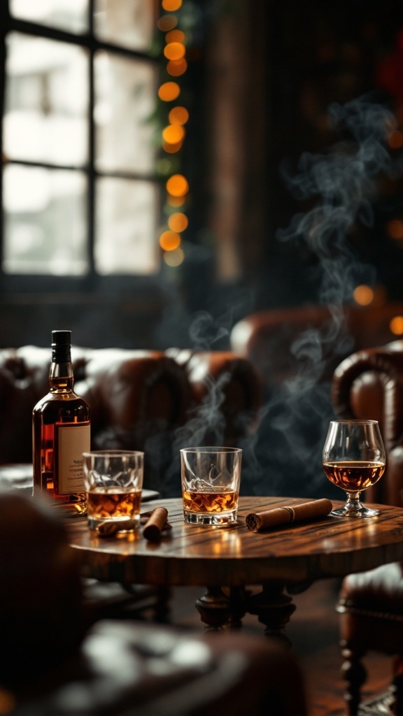 A cozy whiskey and cigar lounge setting with glasses of whiskey, cigars, and warm lighting.