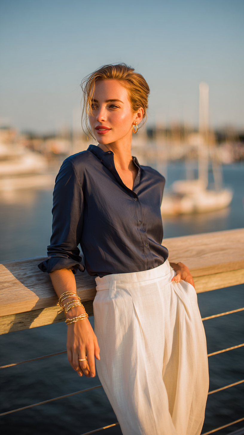 White Linen Pants and Navy Blouse - Image 2