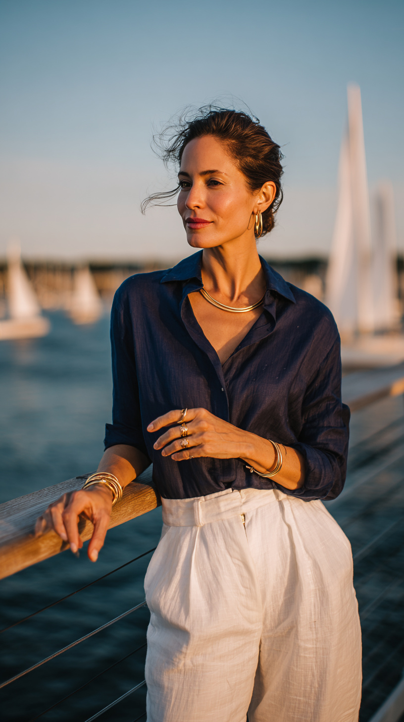 White Linen Pants and Navy Blouse - Image 1