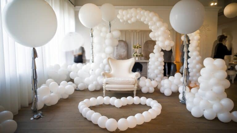 An elegant armchair surrounded by white balloons in a decorative arrangement, with a heart-shaped balloon configuration on the floor.