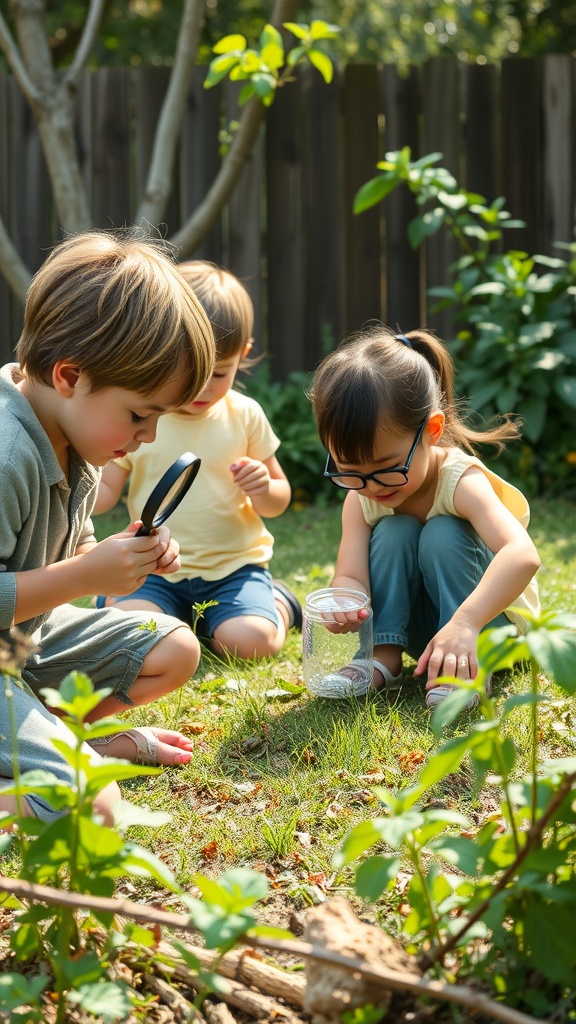 Three children crouch in a garden, one holding a magnifying glass, another examining something on the ground, and the third holding a jar. They are surrounded by green plants and a wooden fence is in the background.