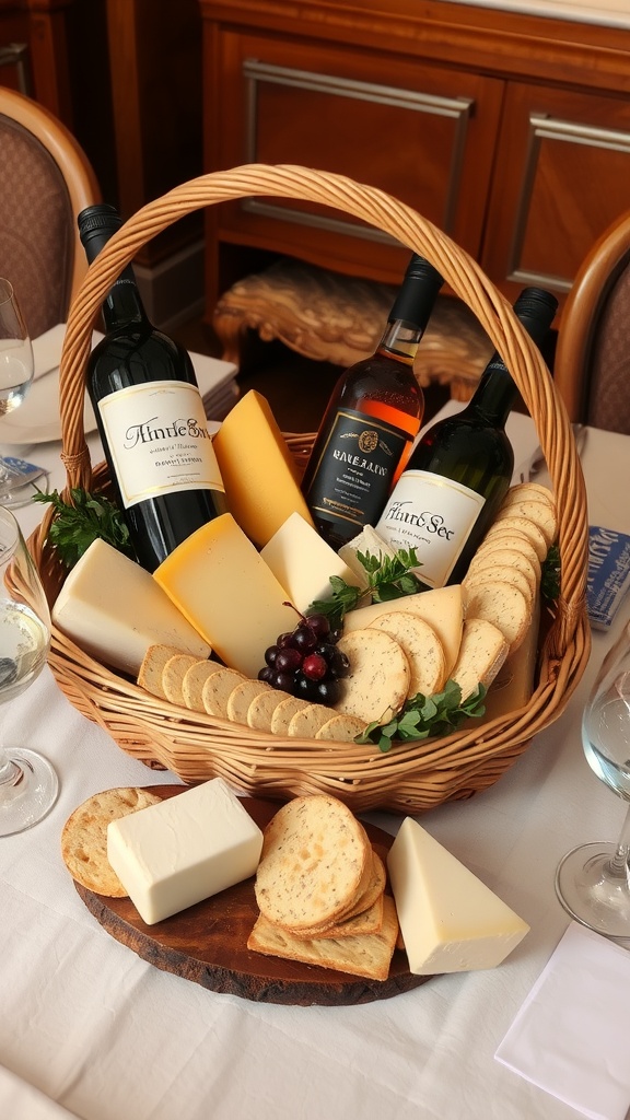 A wicker basket on a table filled with assorted cheeses, crackers, and three bottles of wine, accompanied by a small bunch of grapes and greens.
