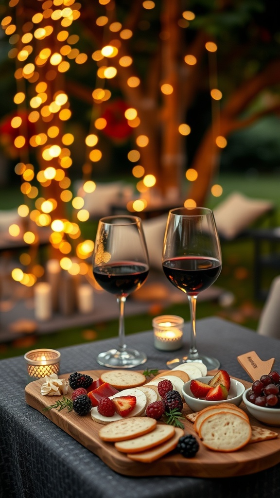 A cozy outdoor setting with two glasses of red wine and a wooden platter of assorted cheeses, crackers, and fruits, including strawberries and blackberries, illuminated by warm string lights and candles on a tablecloth-covered table.