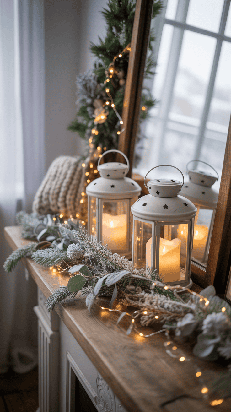 A cozy winter mantelpiece decorated with white lanterns containing lit candles, surrounded by evergreen branches, frosted accents, and warm string lights, reflecting in a mirror.