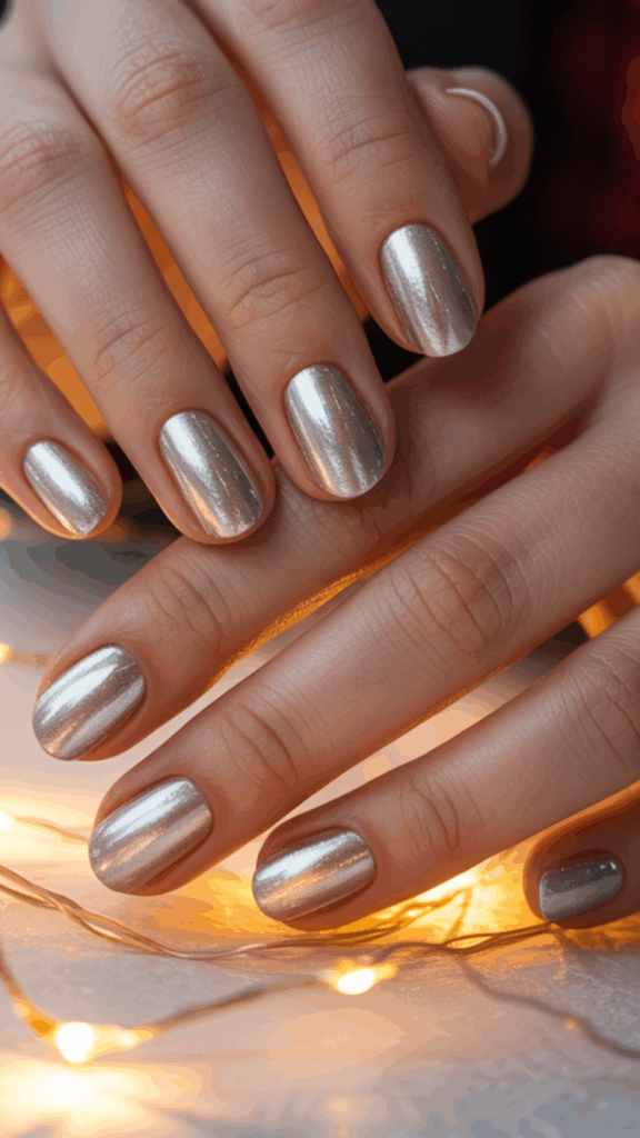 Hands with neatly manicured nails painted in shiny metallic silver, surrounded by warm glowing string lights.