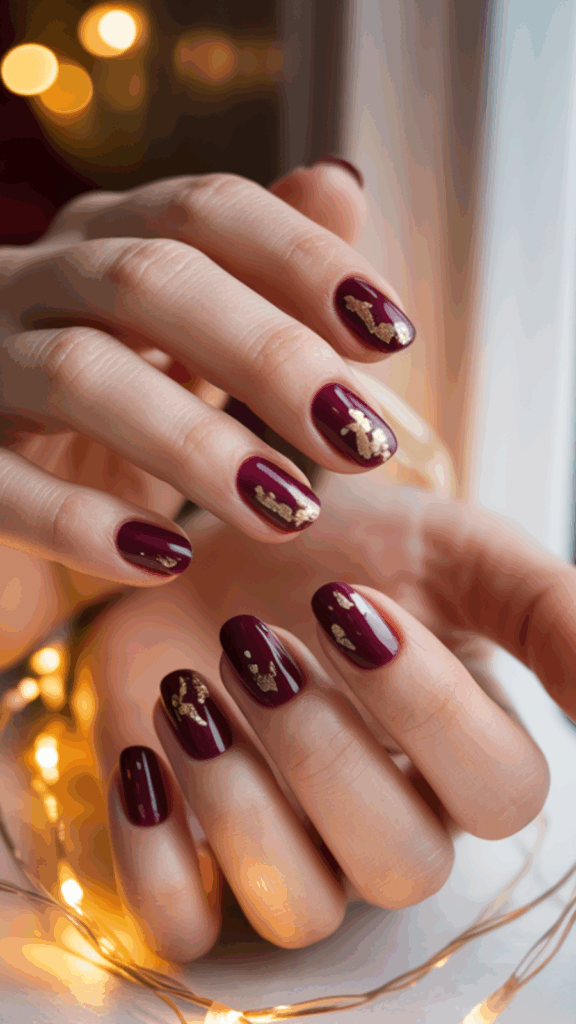 Hands with deep burgundy nails featuring gold foil accents, surrounded by glowing fairy lights.