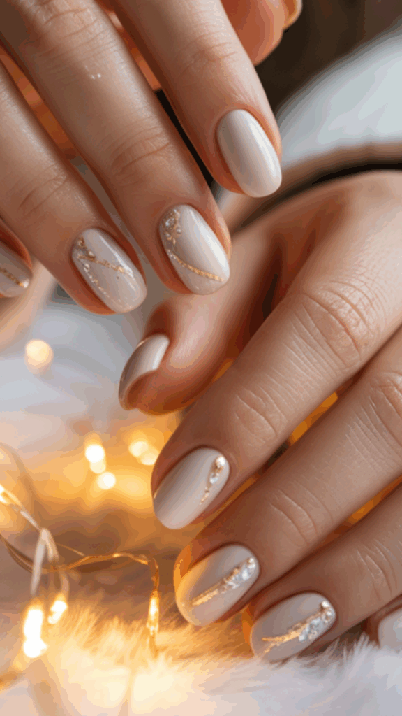 Close-up of hands with a nude manicure featuring gold and glittery nail art, set against a background of glowing fairy lights and a soft white surface.