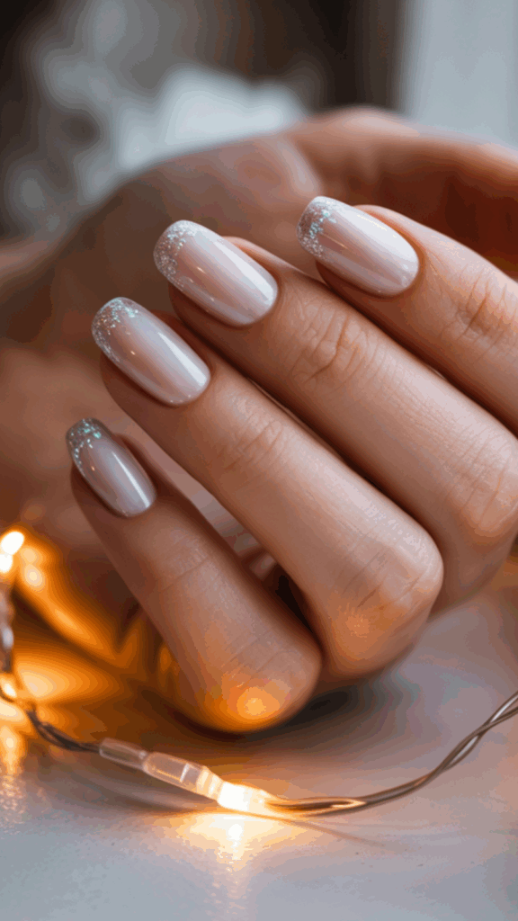 Close-up of a hand with manicured nails, featuring a soft pink polish and glitter accents on the tips, holding a string of warm fairy lights.