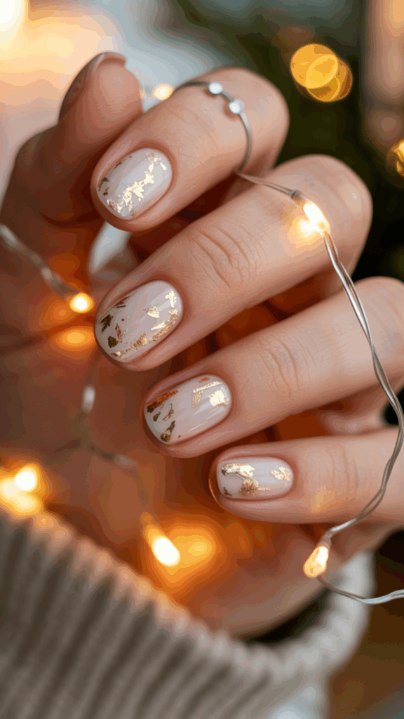 Close-up of a hand with short nails painted in a soft pink color, accented with gold foil designs, holding string lights.