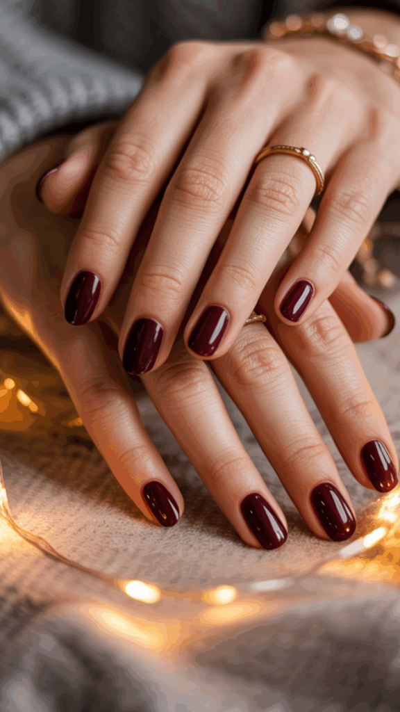 Close-up of hands with dark red manicured nails, adorned with gold rings, resting on a soft surface with warm string lights in the background.