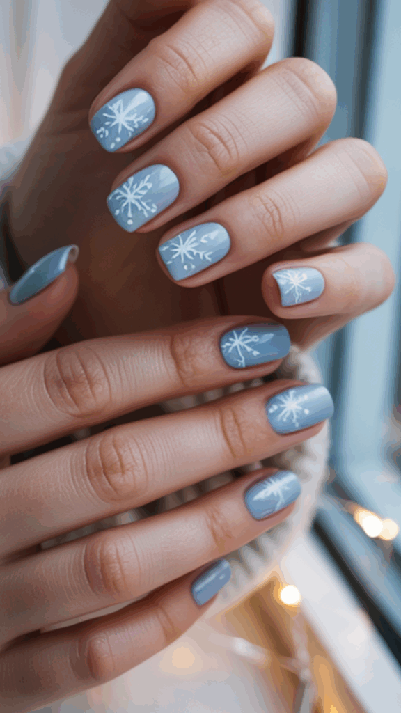 Hands with nails painted in light blue featuring white snowflake designs, set against a background with light reflections.