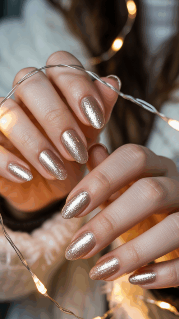 Close-up of hands with glittery gold nail polish holding a string of warm white fairy lights.