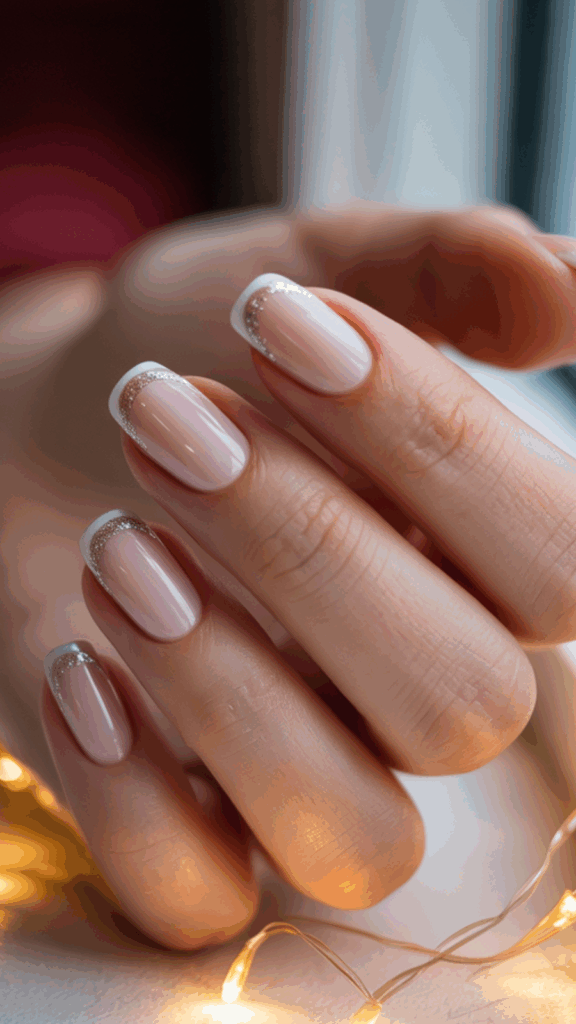 Close-up of a hand with a French manicure featuring silver glitter accents along the tips of the fingernails, surrounded by warm glowing fairy lights.
