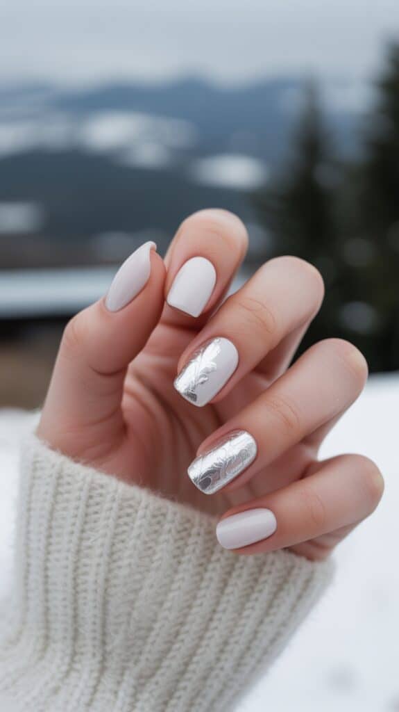 Close-up of a hand with neatly manicured nails painted white, featuring a silver foil design on the ring and pinky fingers. The hand is wearing a cream knitted sweater, and a snowy landscape is blurred in the background.