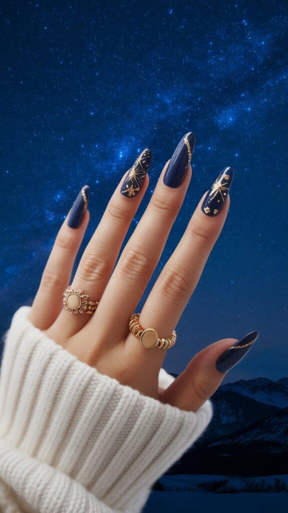 A hand with long navy blue nails embellished with gold patterns and rings, set against a starry night sky background.