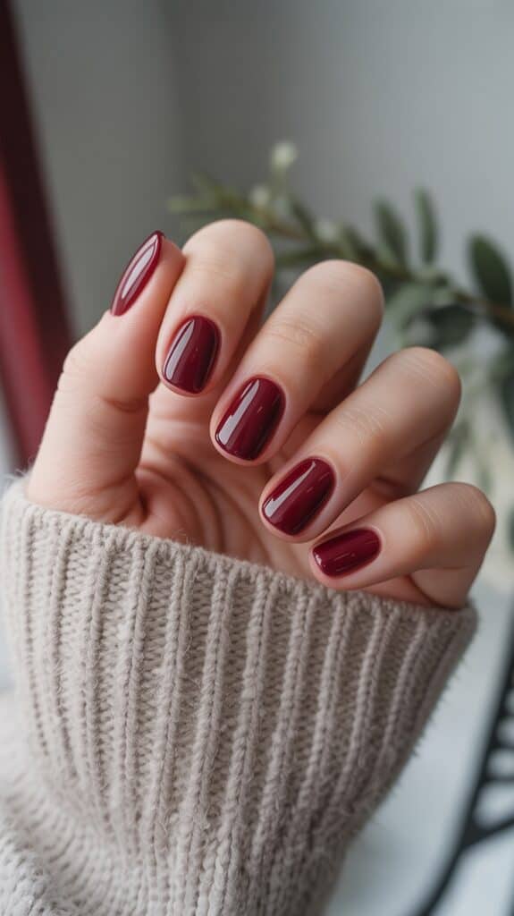 A hand with neatly manicured nails painted in a glossy burgundy color, wearing a beige knitted sweater, with a blurred background of green leaves.