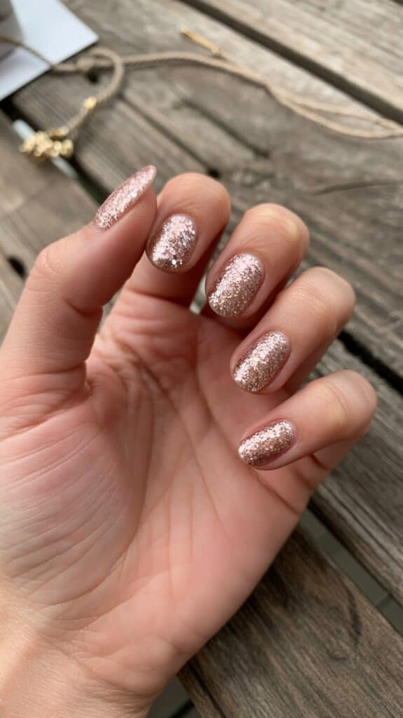 Close-up of a hand with short, rounded nails painted with shimmery rose gold glitter polish, against a wooden surface background.