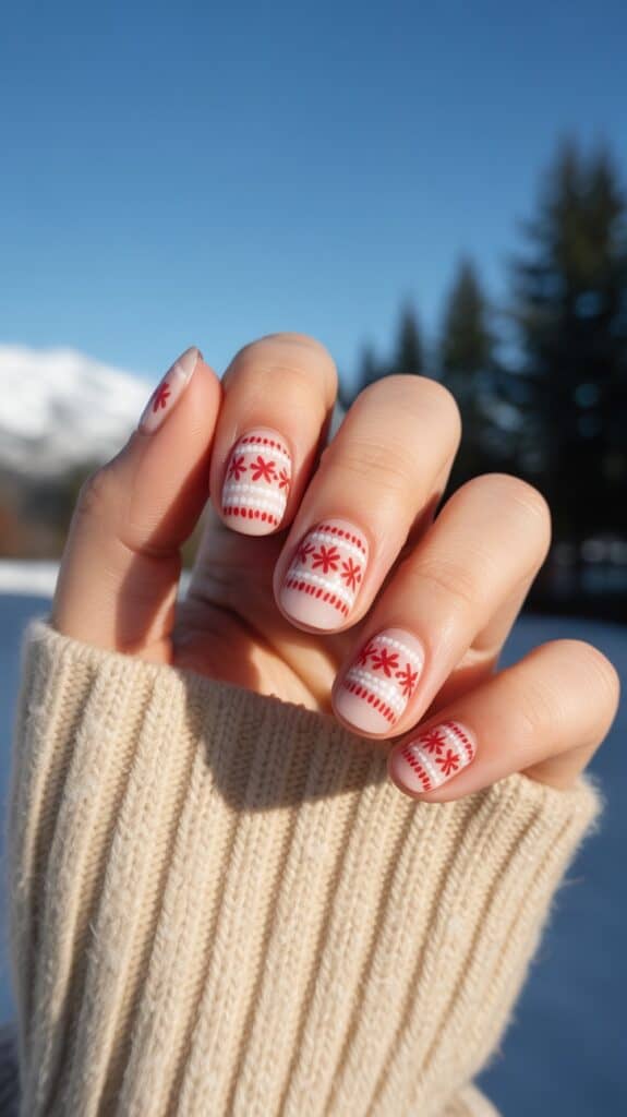 A hand with a red and white holiday-themed nail design, featuring snowflake patterns, held against a snowy background with a blue sky and trees.