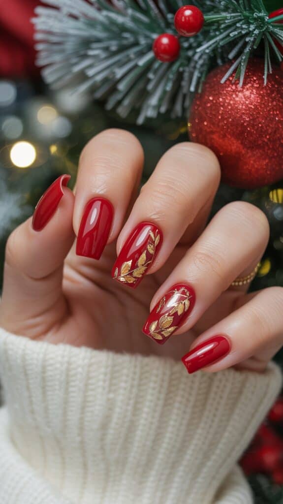 A hand with long, red polished nails featuring gold leaf accents, set against a background of Christmas tree branches with a red ornament and berries.