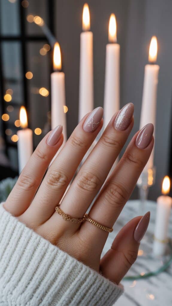 A hand with manicured nails featuring a glossy, nude-pink color, with one nail accented with sparkles. The hand is adorned with two gold rings and is wearing a white knit sweater. In the background, candles are lit, creating a cozy atmosphere with soft bokeh lights.