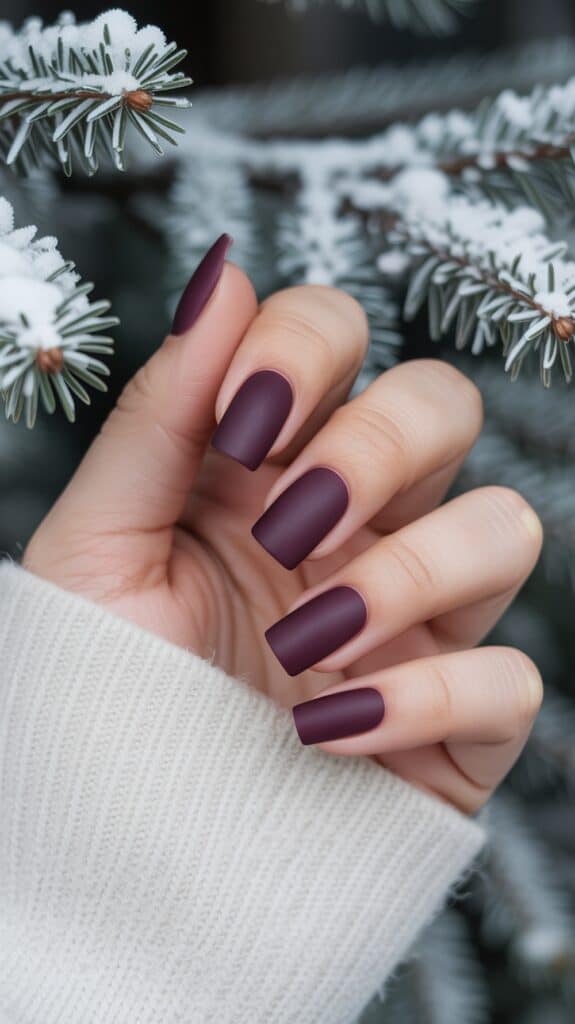 A hand with matte dark purple painted nails is held near snow-dusted evergreen branches, wearing a white knitted sleeve.