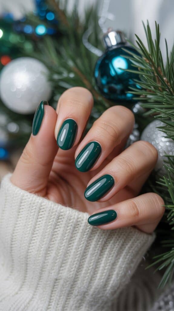 A hand with dark green painted nails, wearing a white sweater sleeve, is holding a small blue Christmas ornament next to green pine branches.