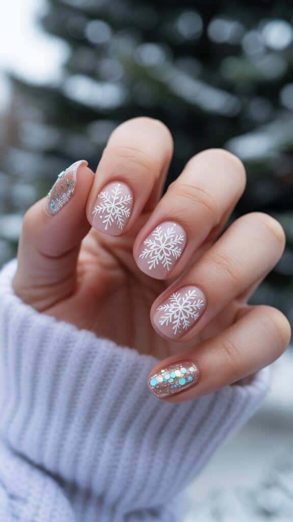 A hand with a winter-themed manicure featuring white snowflake designs on three fingernails and sparkly blue and silver accents on two other nails, against a blurred outdoor background.