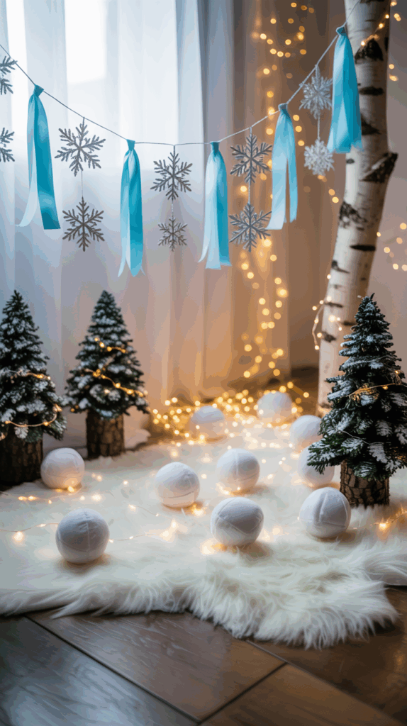 A cozy winter-themed indoor decoration featuring small artificial snow-covered trees, a birch branch, and white balls on a fluffy rug, accented by illuminated string lights, with snowflake and blue ribbon garlands hanging above.