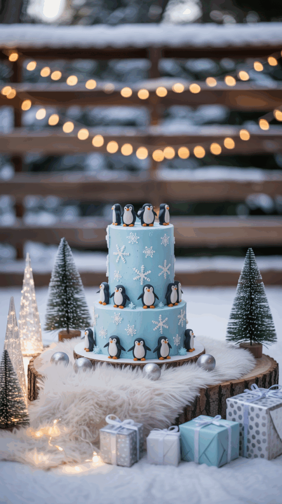 A winter-themed, two-tiered cake decorated with small penguin figurines and white snowflake designs on a light blue background, set on a wooden platform surrounded by small snowy trees, wrapped presents, and silver baubles. Twinkling Christmas lights and a snowy backdrop complete the festive scene.