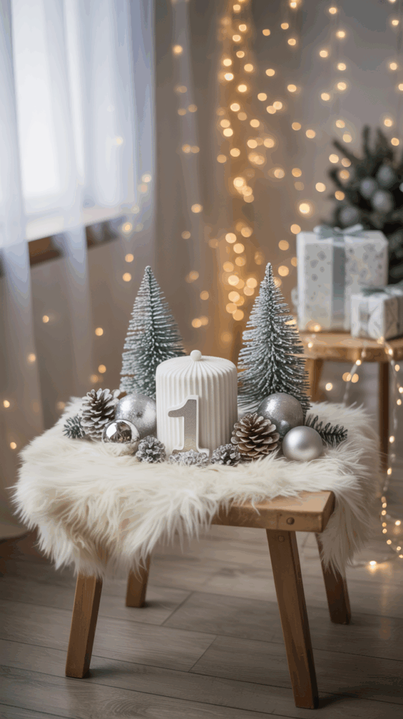 A festive arrangement on a wooden table covered with a white faux fur rug, featuring a ribbed white candle marked with the number '1', flanked by miniature frosted Christmas trees, silver and white ornaments, and pinecones, with twinkling fairy lights and a wrapped gift visible in the background.