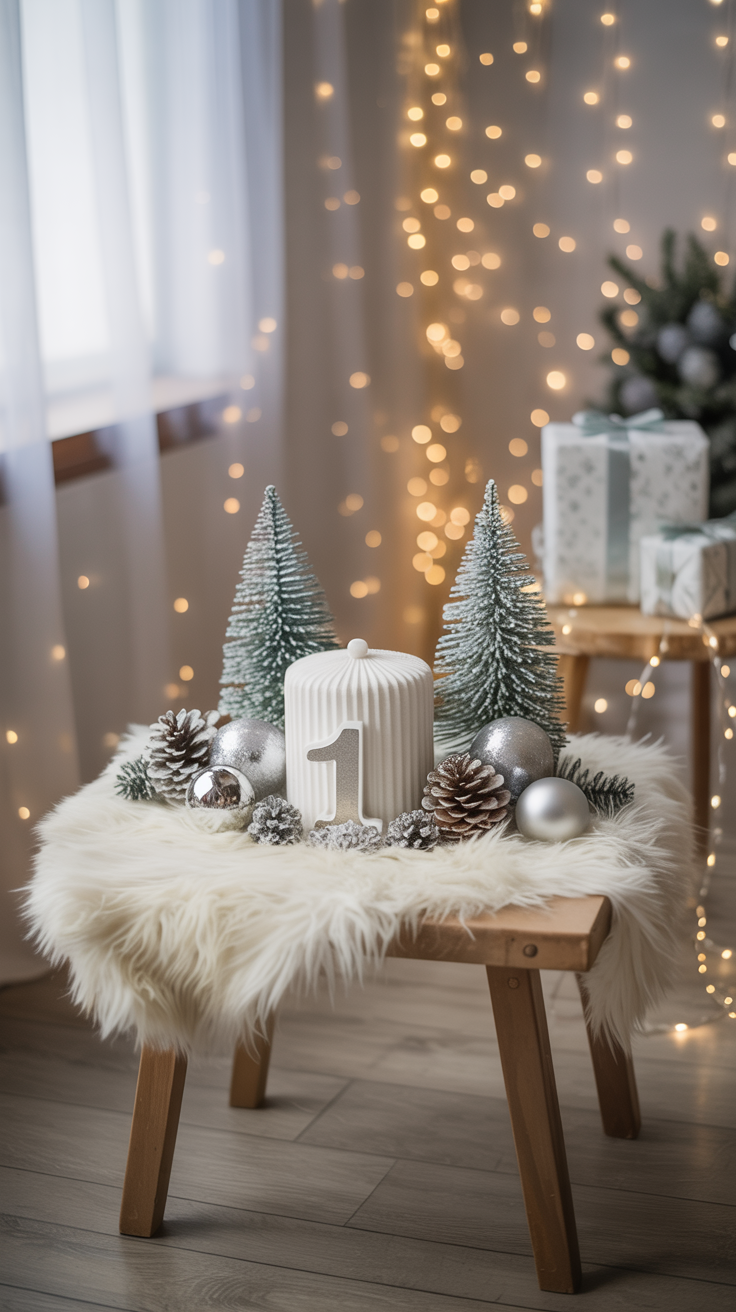 A festive arrangement on a wooden table covered with a white faux fur rug, featuring a ribbed white candle marked with the number '1', flanked by miniature frosted Christmas trees, silver and white ornaments, and pinecones, with twinkling fairy lights and a wrapped gift visible in the background.