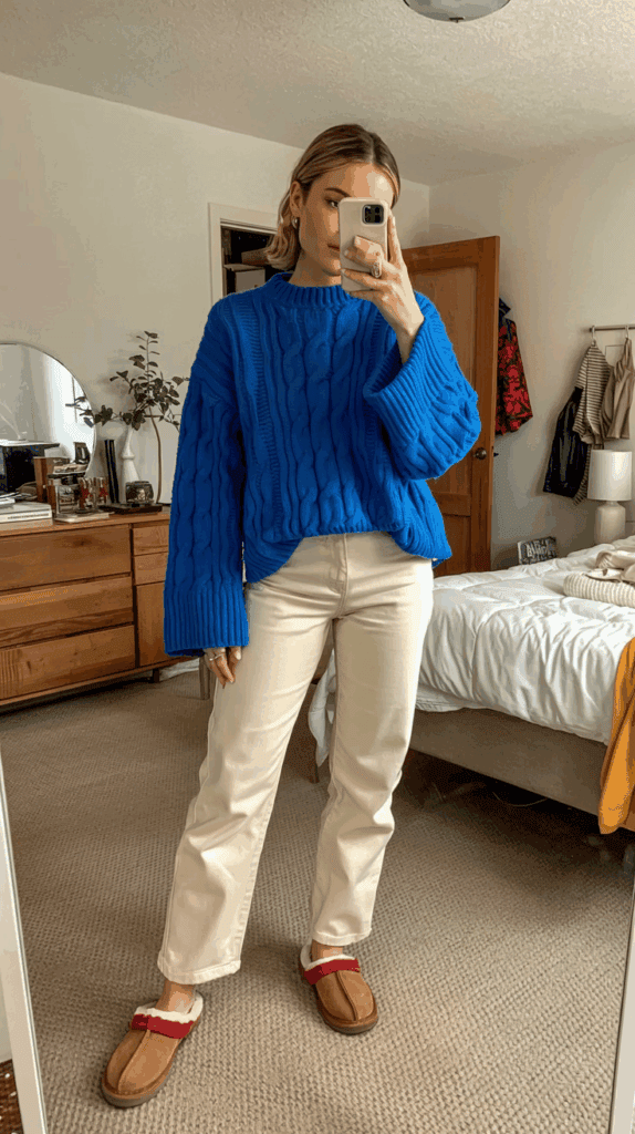 A person taking a mirror selfie in a bedroom, wearing a blue cable-knit sweater, cream-colored pants, and brown slippers with red trim. The room has a brown dresser, a mirror, and a bed with a white comforter.