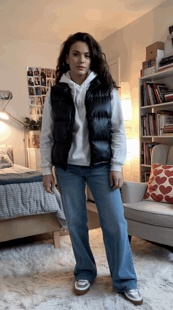 A person stands in a cozy room wearing a white hoodie, black puffer vest, and blue jeans. There is a bed, chair, bookshelves, and a wall with photographs in the background.