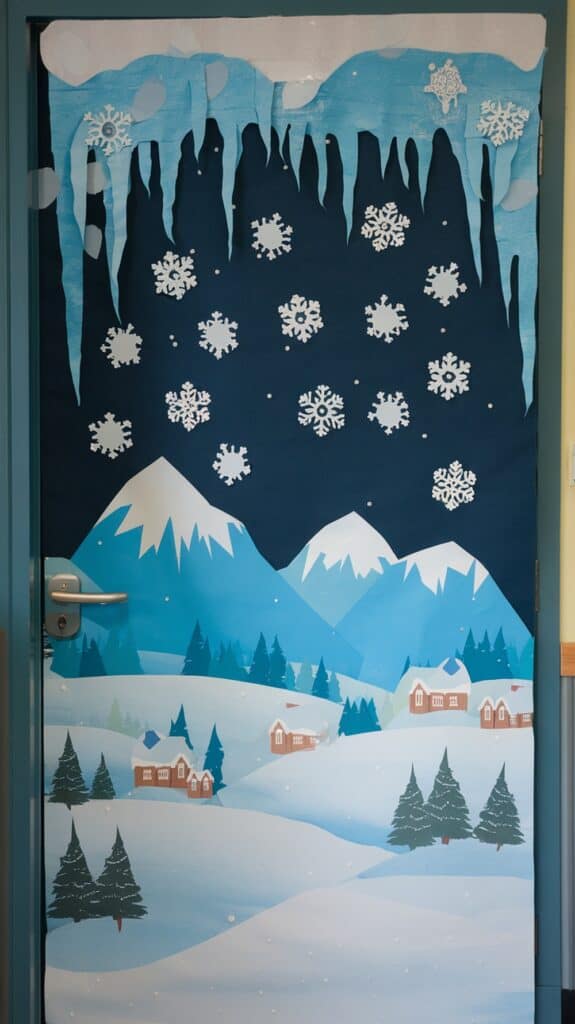 A decorative door display featuring a winter scene with snow-covered mountains, evergreen trees, and small houses. Large snowflakes and icicles hang from the top, creating a festive, snowy atmosphere.