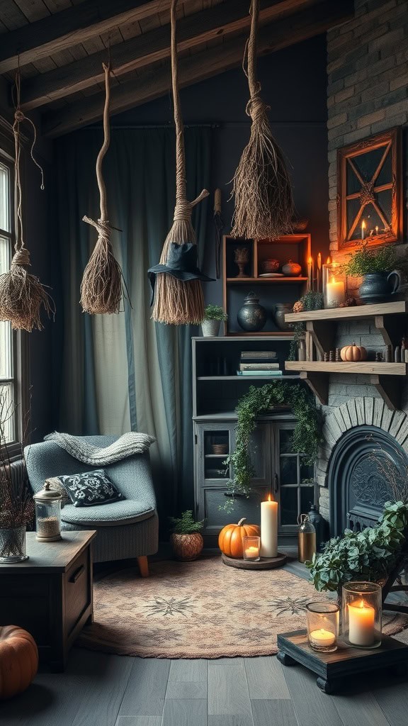 A cozy, rustic living room decorated for Halloween with several brooms hanging from the ceiling, a witch hat, pumpkins, candles, and greenery. The space features a fireplace and a comfortable armchair with a blanket.