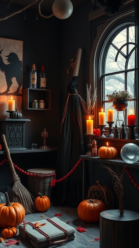 A dimly lit room decorated for Halloween with various pumpkins, candles, and a broom near a window. The room features a silhouette painting on the wall, a red rope barrier, and an array of autumnal decorations, including leaves and a crystal ball. Shelves hold bottles and jars, and a wicker basket sits on the floor.