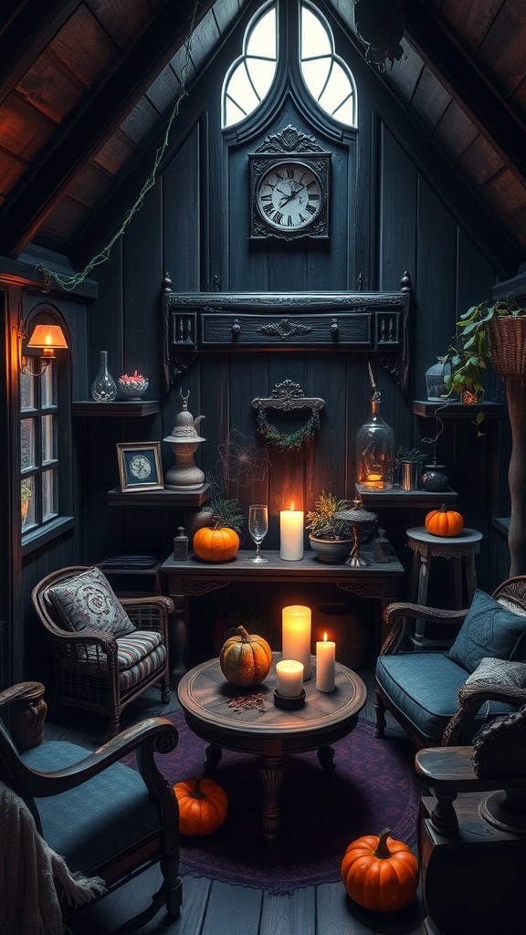 A cozy, dimly-lit room with gothic-style decor, featuring pumpkins and lit candles on a round wooden table, surrounded by antique furniture and a large clock above a fireplace mantel.