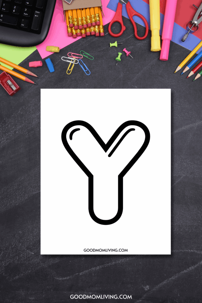 A black and white illustration of the letter 'Y' on a sheet of paper, surrounded by various school supplies including pencils, erasers, paperclips, push pins, highlighters, and a keyboard on a chalkboard background.