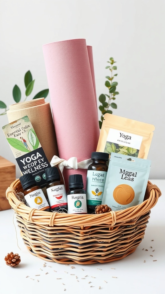 A gift basket filled with yoga essentials including mats, essential oils, and herbal teas.